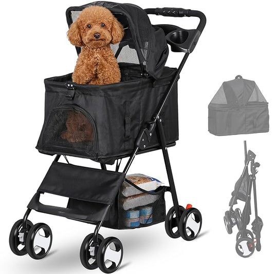 Pet Stroller 4 Wheels Dog Cat Stroller, Detachable Carrier Travel Folding Carrier for Small Medium Dog Cats (Black)