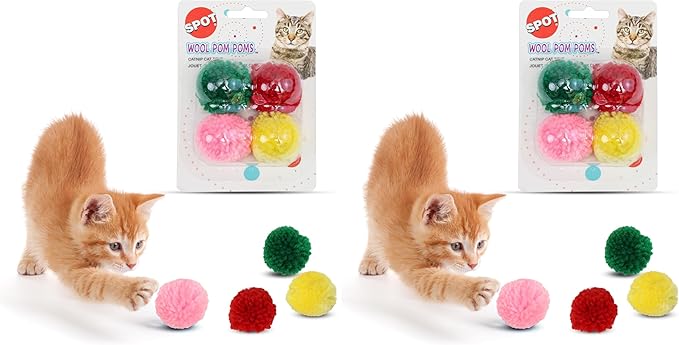 SPOT Wool Pom Poms Cat Toy - Interactive Wool Balls Cat Toy with Catnip for Cats and Kittens to Bite, Swat and Chase - 1.5 inch, 4 pcs (Pack of 2)