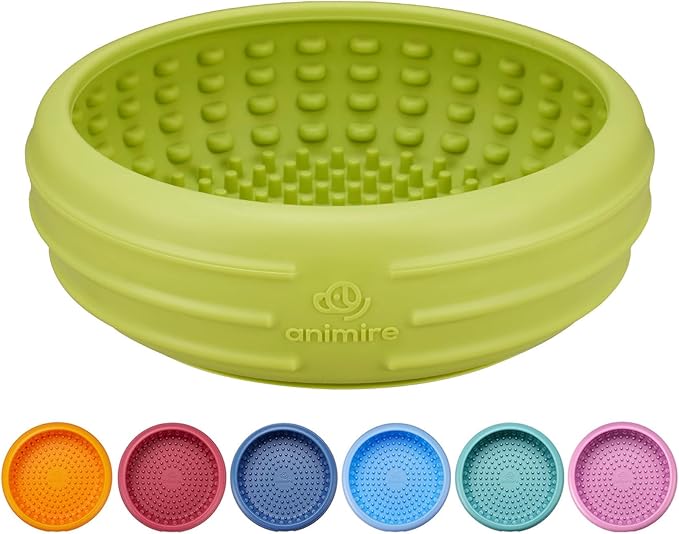 Dog Lick Bowl, Animire Freeze Lick Mat for Dogs, Non-Slip Slow Feeder Licking Bowl Enrichment Treat for Distraction Anxiety Relief, Food Grade Silicone, Dishwasher Safe(Green,L)