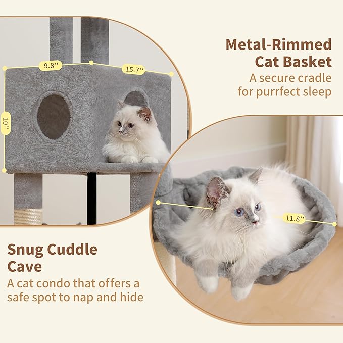 Heybly Cat Tree, 45.3-Inch Cat Tower for Indoor Cats with Large Perch, All-in-One Cat Furniture with Cozy Bed, Hidden Space Cat Condo, Comfy Hammock, Scratching Posts & 3 Pompoms, Light Gray HCT202SW