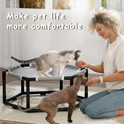 Tresbro Elevated Cat Hammock Bed, Hexagon Raised Cat Swing Bed for Indoor and Outdoor Use with Breathable Fabric & Anti-Slip Block, 20.5'' x 18'' x 9.4'' Pet Chair for Large to Small Kitty Cot