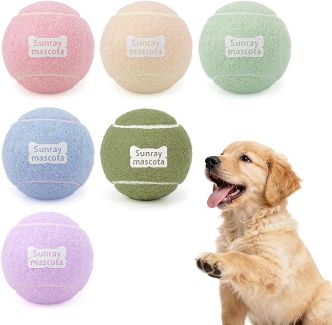 2.5" Dog Tennis Balls 6-Pack – Silent Bounce, Tough Rubber Core, Durable Fetch & Training Toys for Indoor/Outdoor Play, for Small Medium Large Dogs (Macaron Mixed Color, 6-Pack)