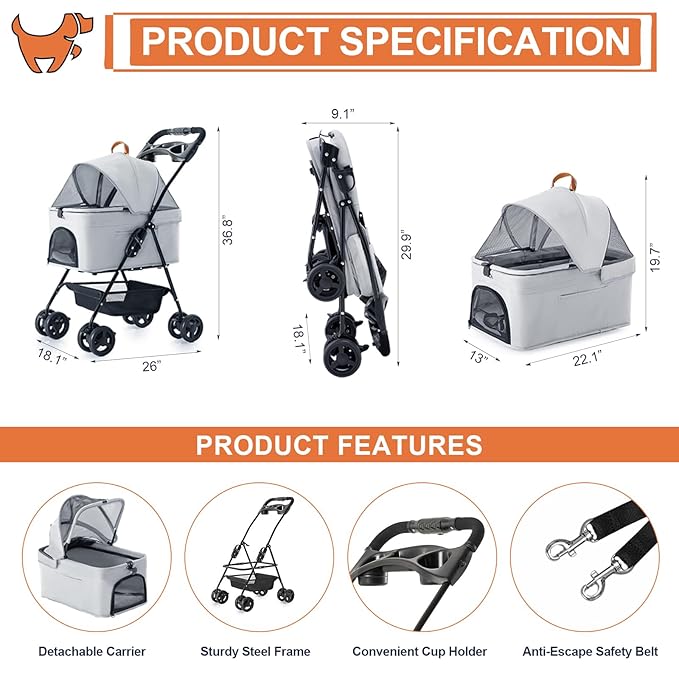 3-in-1 Pet Stroller for Small Dogs and Cats, Folding Lightweight Dog Stroller with Detachable Carrier Portable Cat Puppy Jogging Stroller with Cup Holder and Storage Basket, 4 Wheels