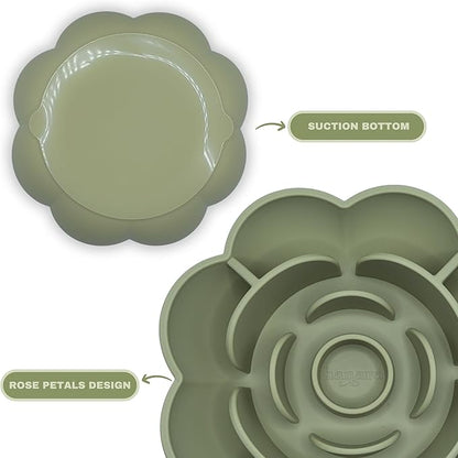Hanara Sillicone Slow Feeder Dog Bowls & Lick Mat with Suction Bottom | Rose Petals Design | Promotes Better Digestion, Prevent Choking | Dish Washer Safe | Great Size for All Breed (Sage Green)