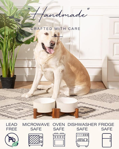 Getstar Ceramic Dog Bowls Set with Acacia Wood Stand, 3.5 Cups Pet Bowls Set of 2 for Medium Dogs, Cute Dog Food Bowl, Cat Bowls