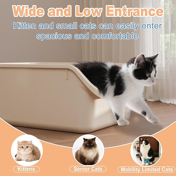 Cat Litter Box with High Sides Anti-Splashing for Indoor Cats Low Entry Kitty Litter Boxes (White)