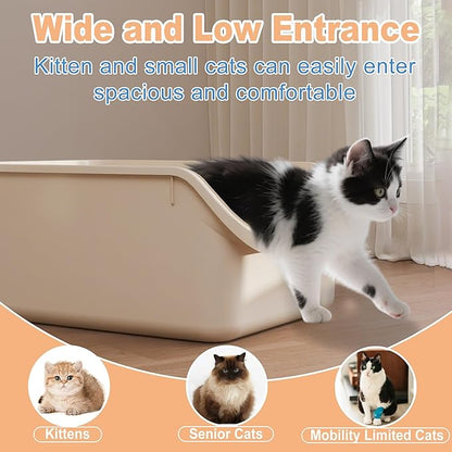 Cat Litter Box with High Sides Anti-Splashing for Indoor Cats Low Entry Kitty Litter Boxes (White)
