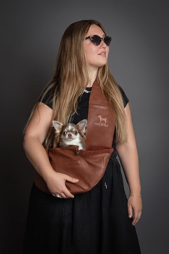Noah & Paw Dog Sling Carrier for Small Dogs 3-10lb, Dog Sling for Small Dogs and Cats, Dog Carrier with Adjustable Padded Strap, Vegan Leather Lined with Fur, 3X Safety Features, Machine Washable