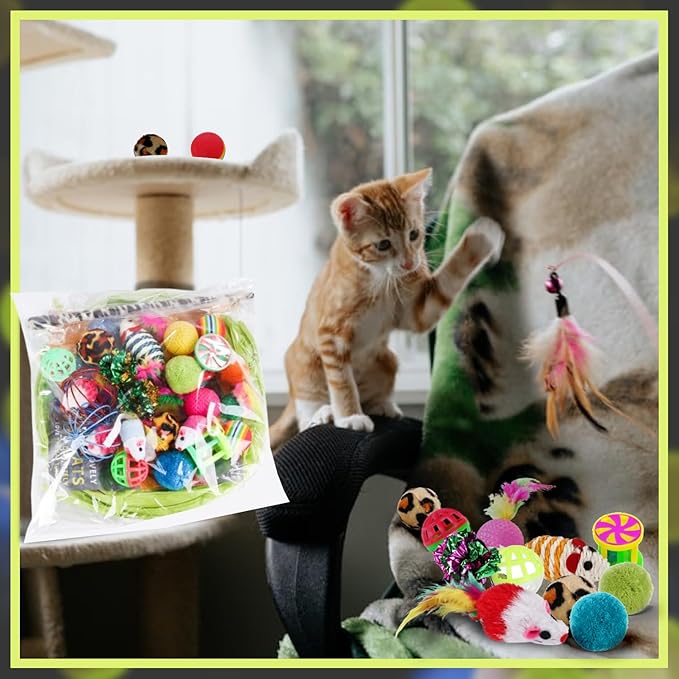 21 PCS Cat Toys Kitten Toys Set – Interactive Cat Tunnel with Feather Wand, Plush Mice, Crinkle Balls, Jingle Balls, Spring Toys – Indoor Play Set for Cats, Kittens, Rabbits, Puppies