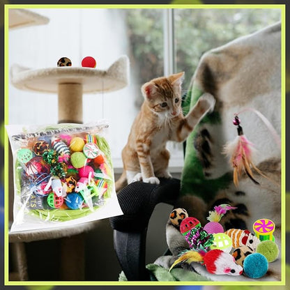 21 PCS Cat Toys Kitten Toys Set – Interactive Cat Tunnel with Feather Wand, Plush Mice, Crinkle Balls, Jingle Balls, Spring Toys – Indoor Play Set for Cats, Kittens, Rabbits, Puppies