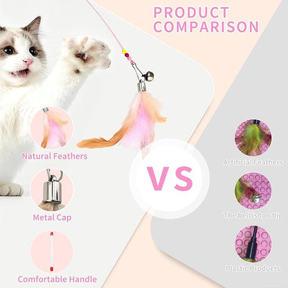 Cat Toys for Cats, Pink Teaser Wand with Natural Feathers, Interactive Toy with Replaceable Feather Head for Multi-Cat Homes, Perfect for Exercising, Training, and Preventing Furniture Damage