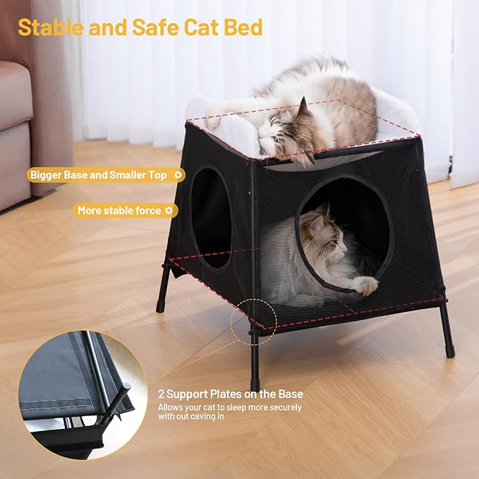 Elevated Cat Bed with Cat Hammock, 2-Story Indoor Cat House with Cave & Washable Cover, Multi-Cat Furniture