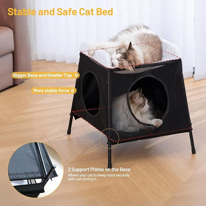 Elevated Cat Bed with Cat Hammock, 2-Story Indoor Cat House with Cave & Washable Cover, Multi-Cat Furniture