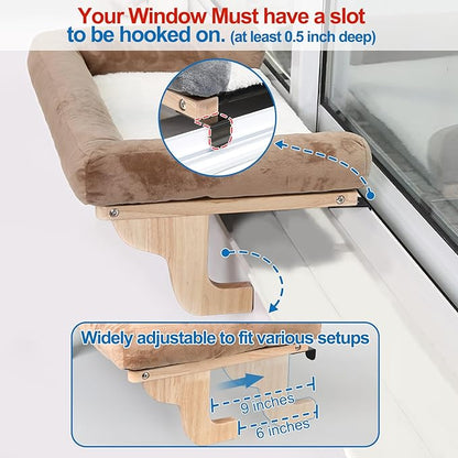 Zakkart Cat Perch for Window Sill with Bolster - Orthopedic Hammock Design with Premium Hardwood & Robust Metal Frame - Cat Window Seat for Large Cats and Kittens - Dark Stained Wood Brown Bed, 24''W