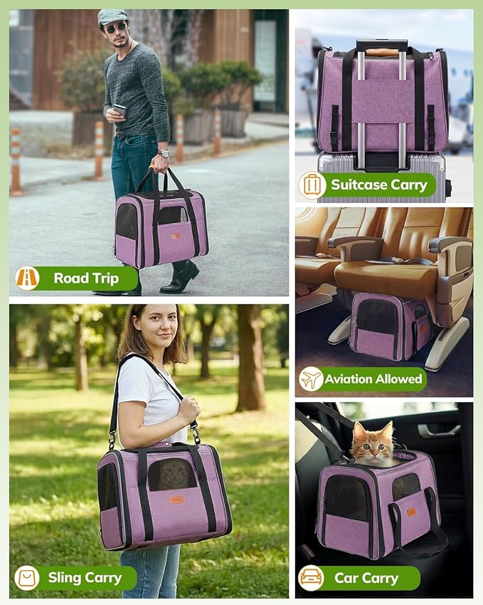Morpilot Pet Travel Carrier Bag, Soft-Sided Dog Carrier Cat Carrier Pet Carrier, for Large Cats and Medium Puppies up to 25lbs, with Locking Safety Zippers, Foldable Bowl (Purple)