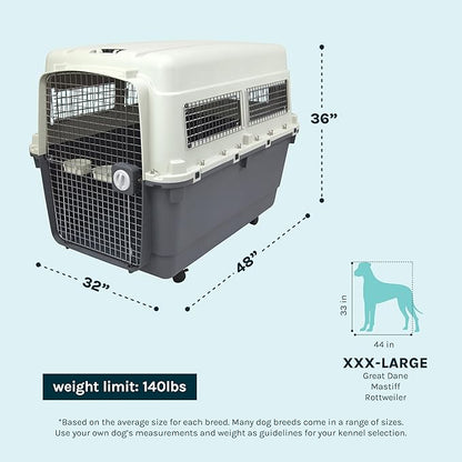 SportPet Airline Compliant XXX-LARGE 44" Travel Dog Kennel-Durable Plastic Airline Pet Carrier w/Removable Wheels & Food Bowls, Collapsible Indoor/Outdoor Dog Kennel, Dogs up to 44"L & 33"H-Cream/Gray