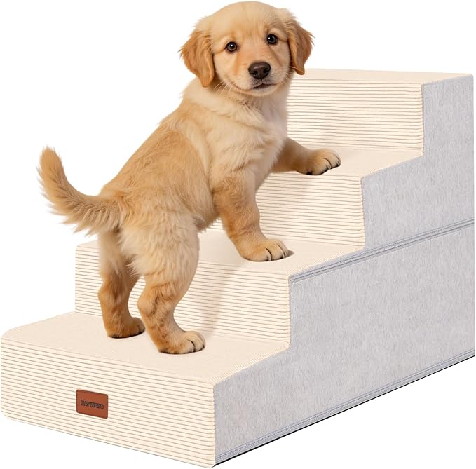 Dog Stairs for Small Dogs, 18" H, 4-Step Pet Steps for High Beds or Couches, Non-Slip Balanced Pet Ramp for Medium Cats,Indoor Dog Ladder, Beige