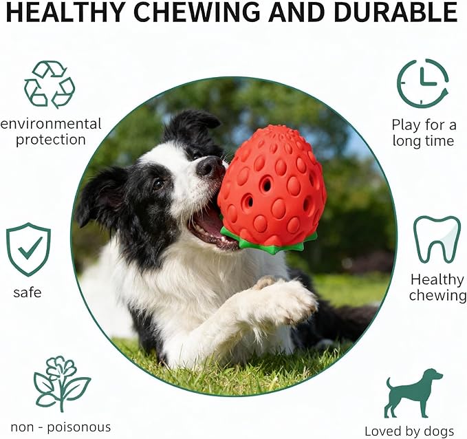 Strawberry Chew Toy for Dogs, Natural Rubber Balls for Aggressive Chews, Cleans Teeth and Gums, Treat Food Dispensing Toys, Indestructible Dog Toys, Toy for Dog Interactive