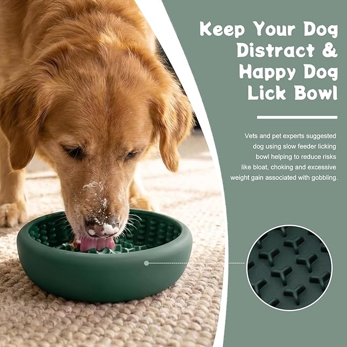 Dog Lick Bowl, Anxiety Relief Slow Feeder Lick Mat for Dogs, Non-Slip Freeze Licking Bowls Enrichment Puzzle Pet Feeding Treat Dispenser for Distraction, Silicone Lick Pads for All Dogs (Green, Large)