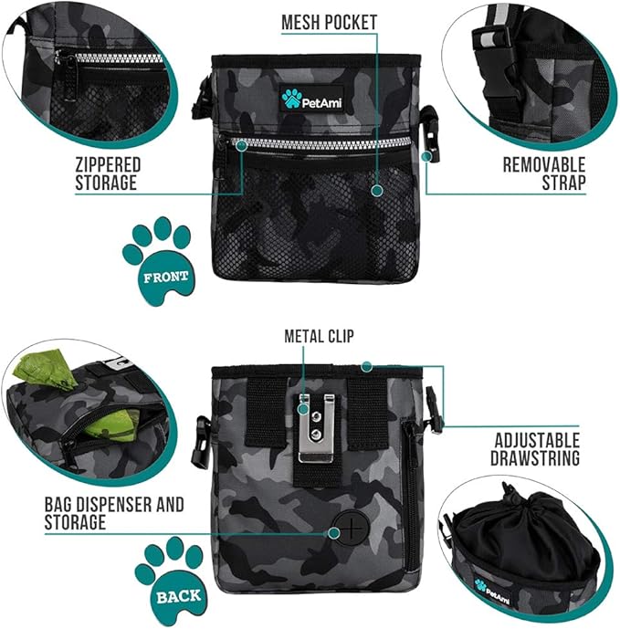 PetAmi Dog Treat Pouch, Pet Treat Pouch for Training, Dog Walking Bag Holder for Kibbles, Pet Food Toy, Dog Trainer Essentials Supplies, Poop Bag Dispenser, 3 Ways to Wear (Camo Black)