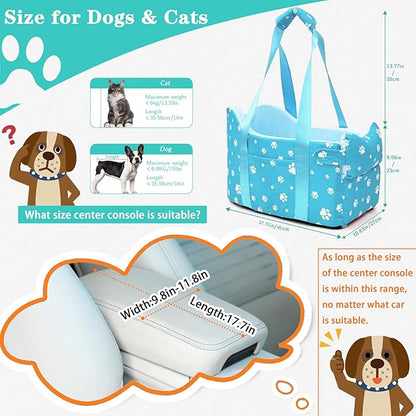 Cullaby Center Console Dog Car Seat for Small Dogs Under 15lbs,Detachable Washable Booster Pet Car Seat Travel Bed with Storage Pockets and Seat Belt(Blue)