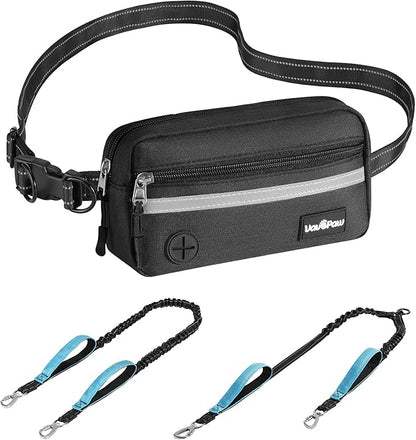 Hands Free Dog Leash for 2 Dogs with Pouch, Waist Leash for Dog Walking, Jogging, Hiking, Retractable Leashes with Dual Padded Handles, Adjustable Reflective Belt for Small, Medium, Large Dogs