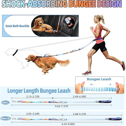 Roses&Poetry Hands Free Dog Leash with Zipper Pouch, 6-9ft Bungee Waist Leash for Medium Large Dogs Walking, Running Lead with Dual Padded Handles Car Safety Buckle for Training Jogging