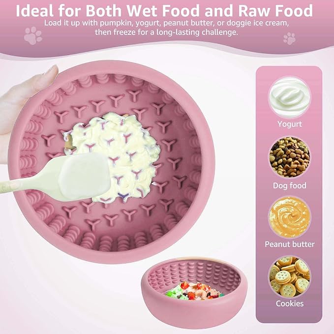 Dog Lick Bowl, ZOURYNUA Non-Slip Slow Feeder Dog Bowls, Enrichment Licking Mat for Distraction, Anxiety Relief Treat Dispenser Freezer, BPA Free Silicone & Dishwasher Safe (Pink, Small)