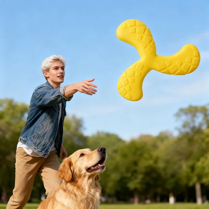 Ultra Durable Tri-Prong Dog Chew Toy for Teeth Cleaning - Non-Toxic Rubber Interactive Tug of War & Fetch Toy for Medium & Large Dogs(Yellow)
