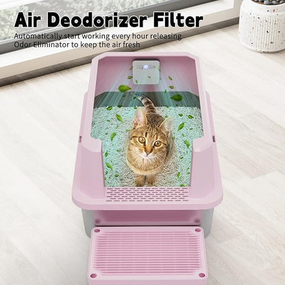 RIZZARI Stainless Steel Litter Box: Large Pink Leakproof Open Tray with Wipe-Clean Design - Odor Control - Teflon Non-Stick - with Deodorizer - 2 Pack - for Cats Up to 20 lbs - in Bathroom Restroom