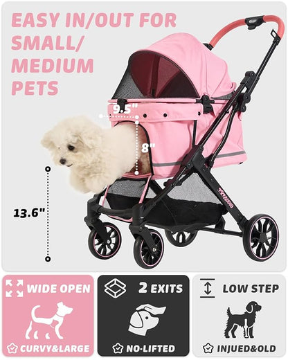 797Audio Dog Stroller for Small Medium Dogs, Pink Pet Stroller for Cats Puppy Up to 121lbs, Foldable,One Click Folding,4 Wheel Shock Absorption,Adjustable Canopy with Sun Shades,Removable Washable Pad