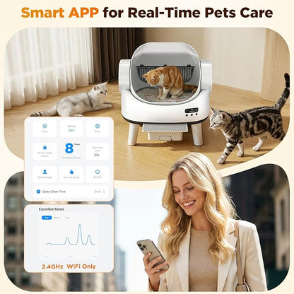 Self Cleaning Cat Litter Box, Open-Top Automatic Robot Litter Box for Multiple Cats with App Control, Safety Sensors Protection, Includes Liners, Digital Screen, Washable Sifter &Cat Pedal
