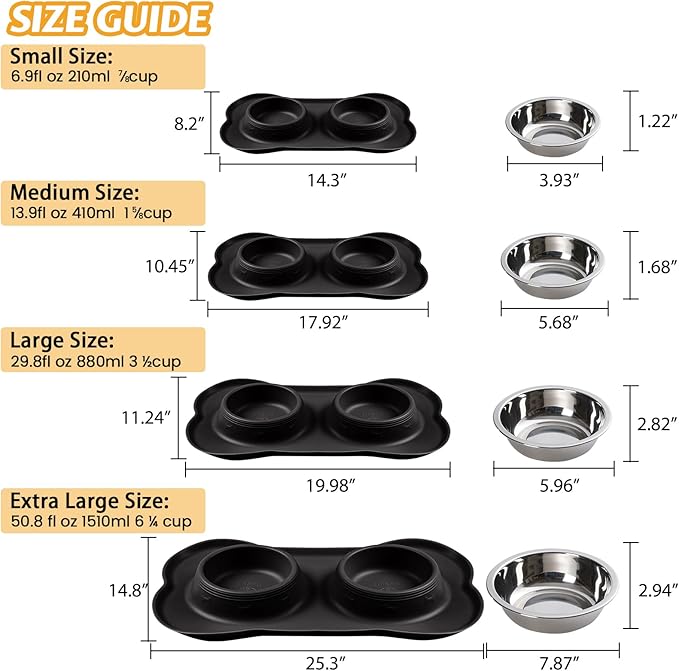 Hubulk Pet Dog Bowls 2 Stainless Steel Dog Bowl with No Spill Non-Skid Silicone Mat + Pet Food Scoop Water and Food Feeder Bowls for Feeding Small Medium Large Dogs Cats Puppies (Extra Large, Black)
