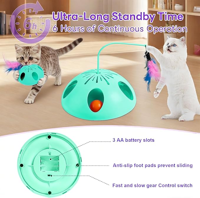 Cat Toys 3in1 Automatic Interactive Cat Toy for Indoor Cats,Interactive Kitten Toy, Fluttering Feather, Track Balls, Rotating Track Feather Enrichment Kitty Toys(Green)