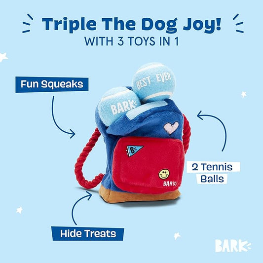 Barkbox 2 in 1 Interactive Plush Dog Toy - Rip and Reveal Toy for Dogs and Puppies - Stimulating Squeaky Pet Toys | Janspup Backpack (Large)