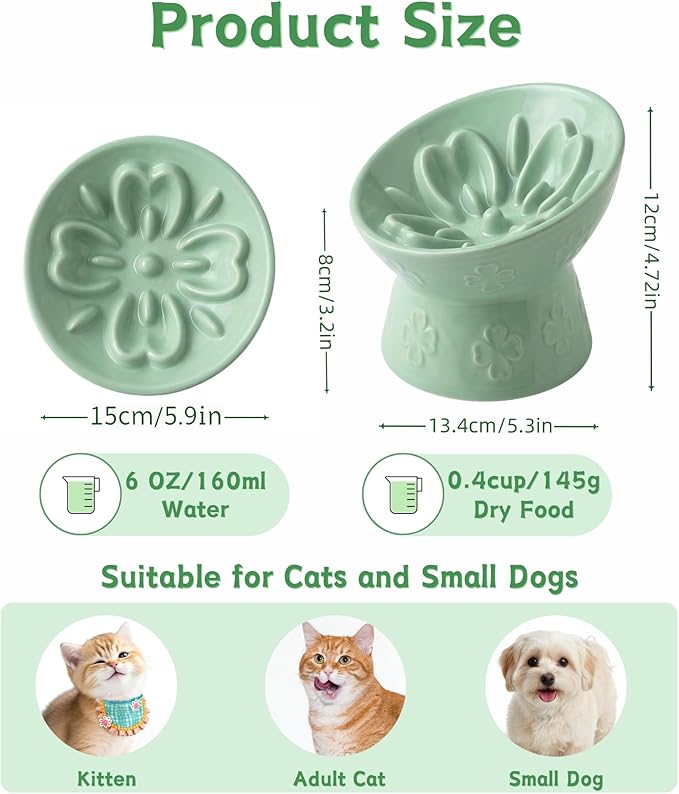 TRUVIC Ceramic Slow Feeder Cat Bowl, 15° Tilted Elevated Cat Slow Eating Bowl for Neck Protection, Anti Vomiting Dog Slow Feeder, Whisker Friendly & No Black Chin for Cats and Small Dogs, Green