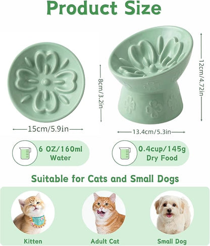 TRUVIC Ceramic Slow Feeder Cat Bowl, 15° Tilted Elevated Cat Slow Eating Bowl for Neck Protection, Anti Vomiting Dog Slow Feeder, Whisker Friendly & No Black Chin for Cats and Small Dogs, Green