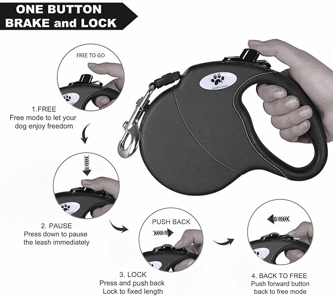 16ft Retractable Dog Leash for Large Breed Dogs up to 110 lbs with a Detachable Chew Proof Extender Wire Ropes (Black L)