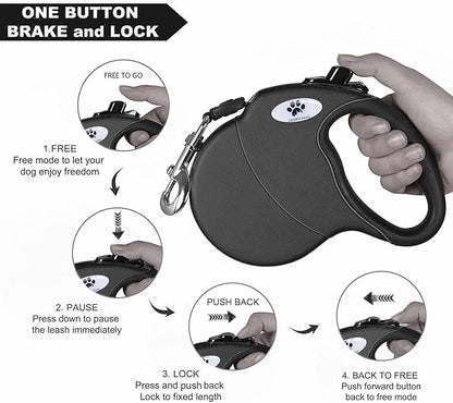 16ft Retractable Dog Leash for Large Breed Dogs up to 110 lbs with a Detachable Chew Proof Extender Wire Ropes (Black L)