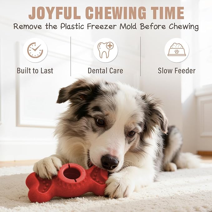 3-in-1 Enrichment Dog Toy for Aggressive Chewers, Frozen Treat Toy & Interactive Treat Dispenser with Peanut Butter Grooves, Long Lasting Chew Toy for Large Dogs, Easy to Clean, Red