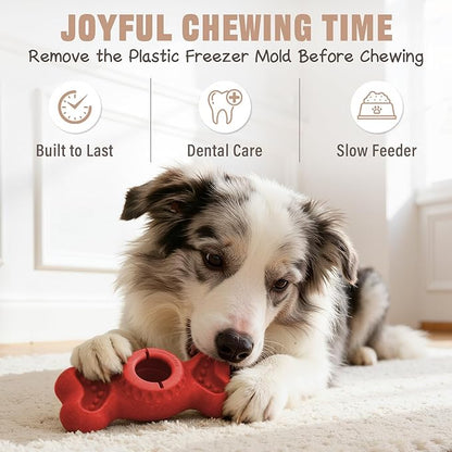3-in-1 Enrichment Dog Toy for Aggressive Chewers, Frozen Treat Toy & Interactive Treat Dispenser with Peanut Butter Grooves, Long Lasting Chew Toy for Large Dogs, Easy to Clean, Red