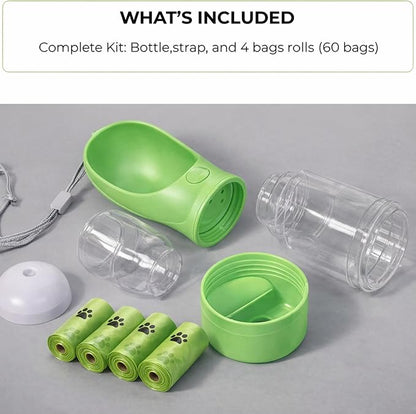 3-in-1 Dog & Cat Water Bottle with Food Container & Poop Bag Holder – Includes 60 Extra Waste Bags – 13.5oz Leak-Proof, BPA-Free Portable Pet Travel Dispenser, Green