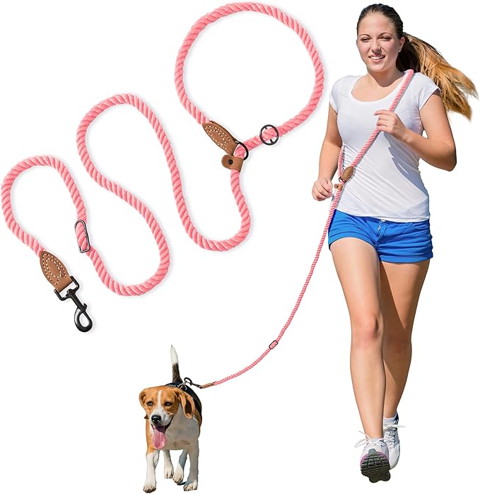 Mile High Life Hands Free Dog Leash, Crossbody Waist Leash with Genuine Leather Connection, Multifunctional Adjustable Slip Lead for Dog Walking Running (Coral Red, MF)