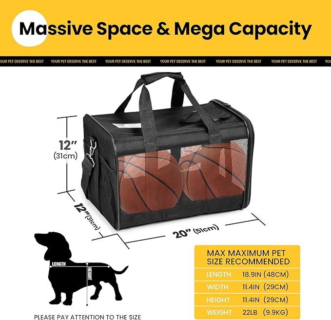 Dog Carrier Soft Sided, Large Cat Carrier with Inner Safety Leash, Pet Transport Carrier for Large Cats and Medium Dogs up to 20 Lbs, Collapsible Travel Puppy Carrier Bag -Black L