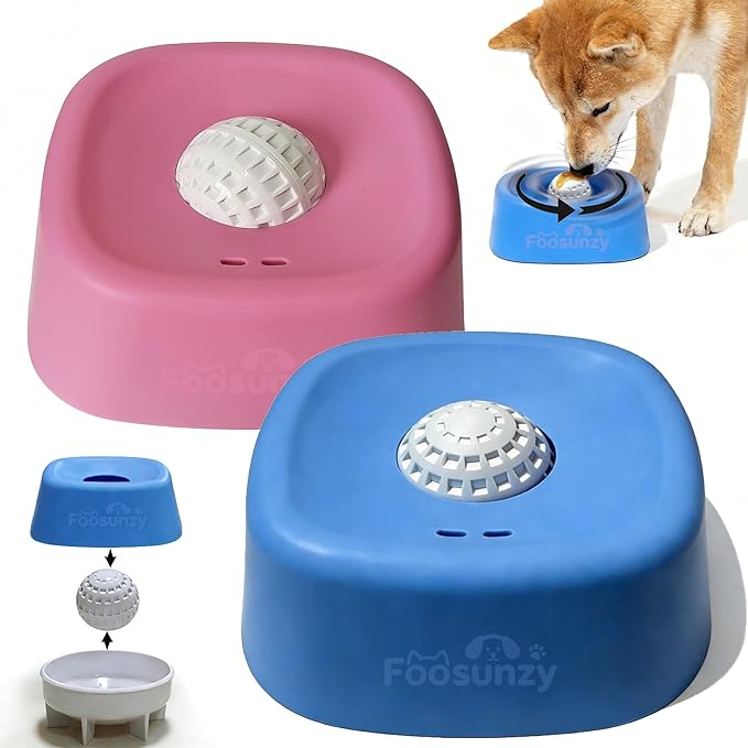 Slow Feeder Dog Bowls for Liquid with Rolling Ball, Interactive Lick Bowl Licking Slow Feeder for Wet Food, Water & Treats Lick Toy for Dogs Cats Large Medium Small (Style1-Blue+Pink)