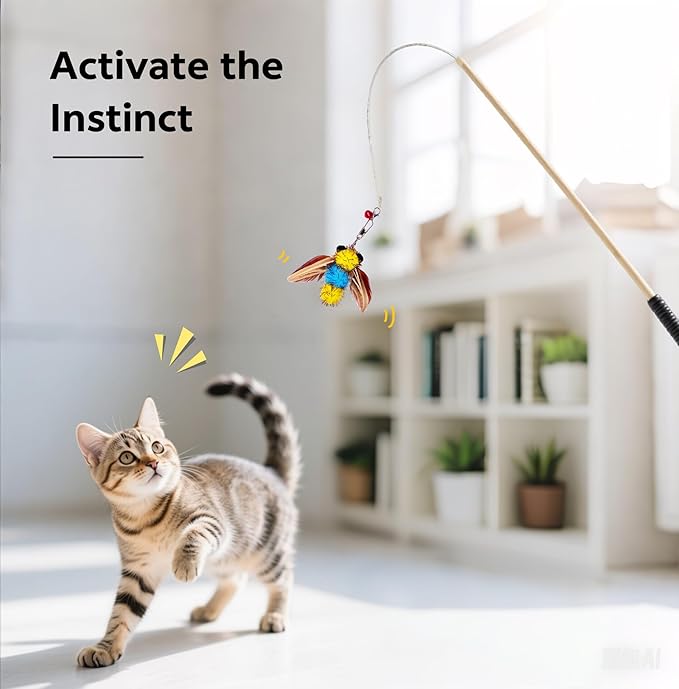 Cat Feather Toys,6 Pcs Coloful Artificial Insects Bees Refills,Cat Wand Attachment Toys for Kitten Cats Wand(6Pcs Bees