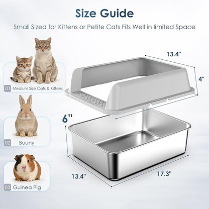 Small Stainless Steel Litter Box with Lid, 17.3x13.4x10 Inches Kitty Litter Box for Kittens & Small Pets, Enclosed Metal Cat Litter Box for Leak Proof, Easy-Clean Non-Stick, Odor Control