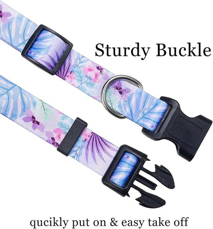 Dog Collar and Leash Set with Bohemia Floral Tribal Geometric Patterns - Soft Ethnic Style Collar Adjustable for Small Medium Large Dogs(Purple Flower Flower Set,L)