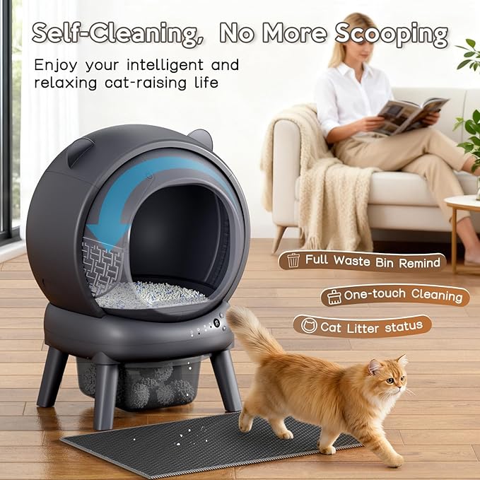 Automatic Litter Box, Self Cleaning Litter Box with App Control, Large Capacity for Multiple Cats, Noise & Odor Control, Dual Safety Sensors, Easy Maintenance with 2 Roll Garbage Bags, Gray