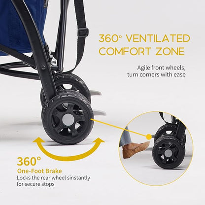 Lightweight 10 lbs Foldable Pet Stroller for Small Dogs & Cats, Easy-Fold Compact, with Adjustable Sun Canopy, Cup Holder, Breathable Mesh, Pad & Storage Bag, Holds 33 lbs, Blue